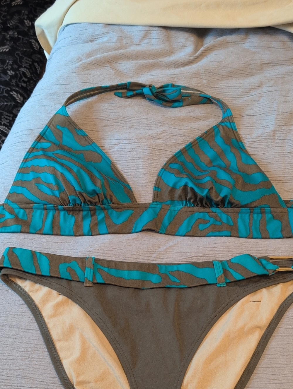 Victoria's Secret Teal and Olive Zebra Halter Bikini Set